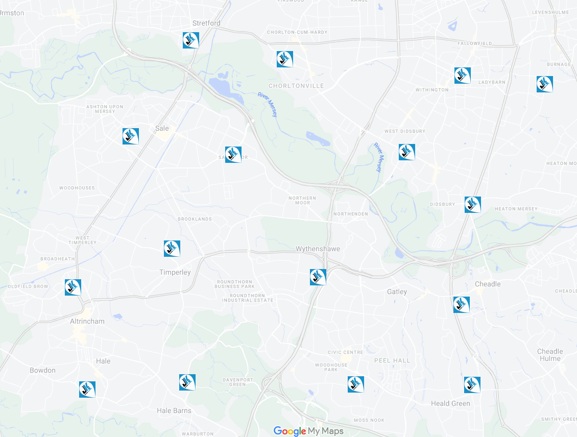 Map of South Manchester showing the areas JK Driving School Cover.